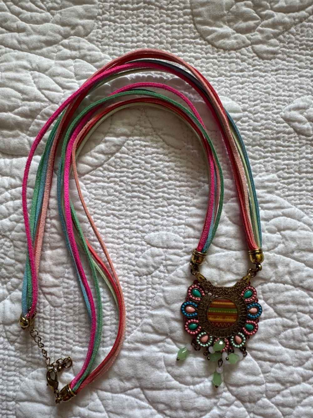 Colorful Boho Pendant Necklace with Pink & Green Accents